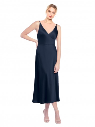 Affordable Sleeveless Dark Navy V-Back A-Line Stretch Satin V-Neck Formal Dress Canada