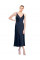 Sleeveless Dark Navy V-Back A-Line Stretch Satin V-Neck Formal Dress