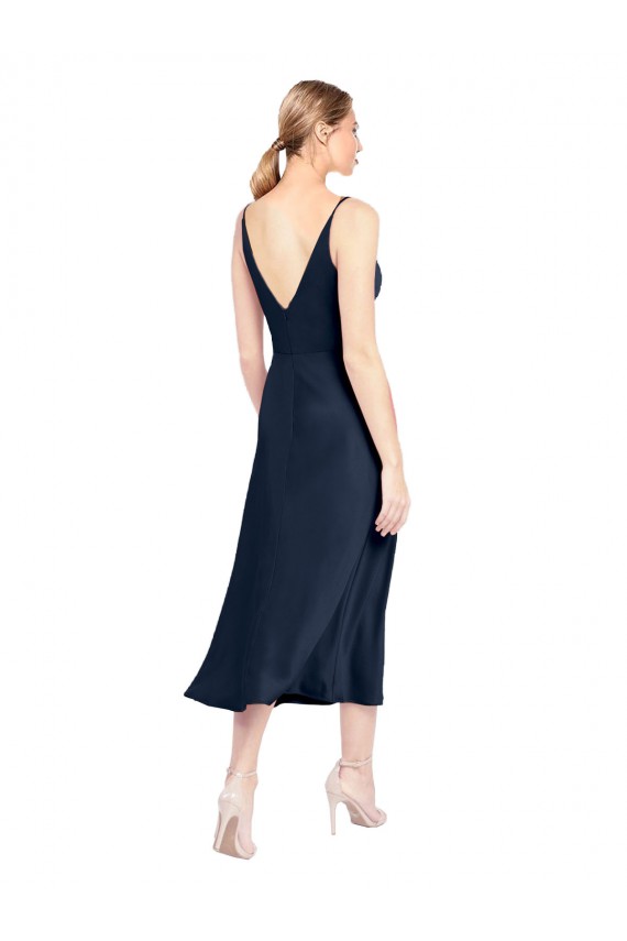 Sleeveless Dark Navy V-Back A-Line Stretch Satin V-Neck Formal Dress