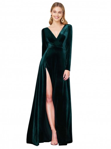 Affordable Long Sleeves Dark Green A-Line V-Neck Black Tie Formal Dress Canada