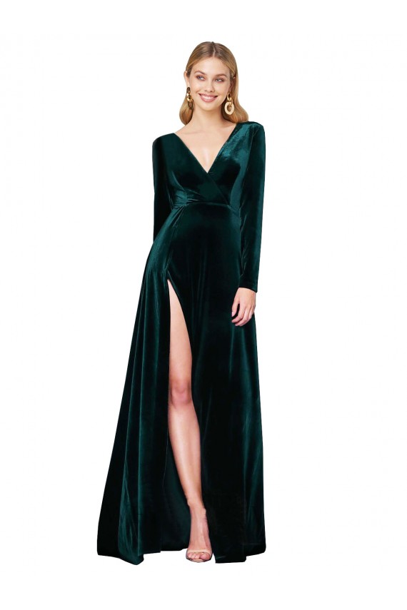 Long Sleeves Dark Green A-Line V-Neck Black Tie Formal Dress