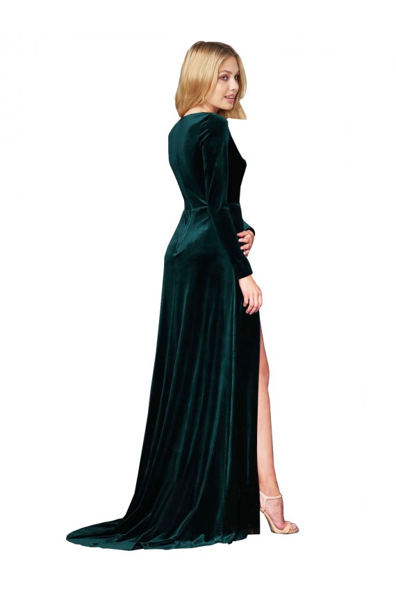 Long Sleeves Dark Green A-Line V-Neck Black Tie Formal Dress