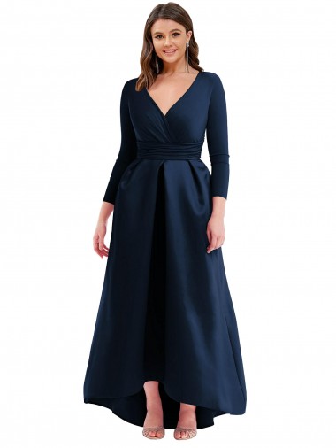 Affordable Long Sleeves Dark Navy Ball Dress V-Neck High Low Plus Size Formal Dress Canada