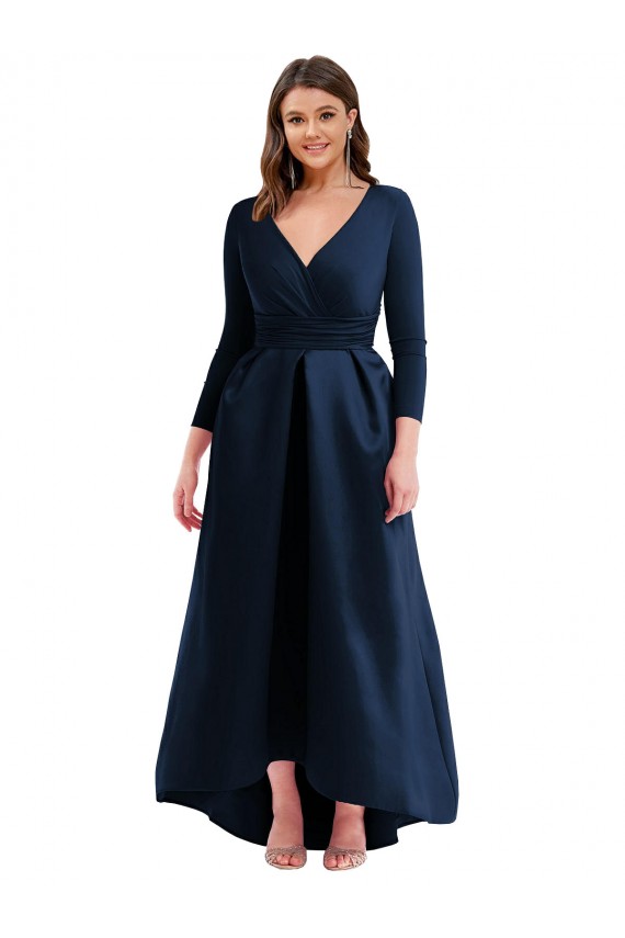 Long Sleeves Dark Navy Ball Dress V-Neck High Low Plus Size Formal Dress