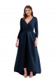 Long Sleeves Dark Navy Ball Dress V-Neck High Low Plus Size Formal Dress