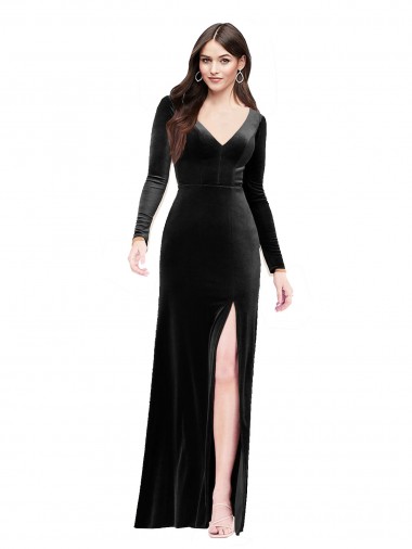 Affordable Long Sleeves Black V-Back Column V-Neck Formal Dress Canada