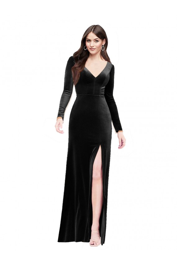 Long Sleeves Black V-Back Column V-Neck Formal Dress
