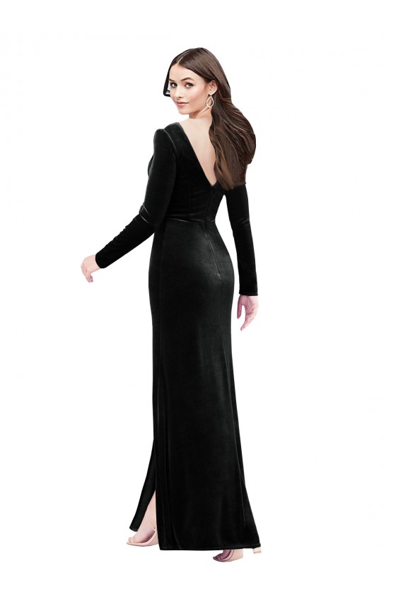 Long Sleeves Black V-Back Column V-Neck Formal Dress