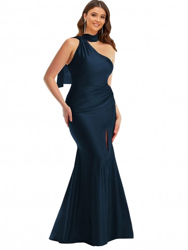 Affordable Sleeveless Dark Navy Mermaid One Shoulder Formal Plus Size Formal Dress Canada