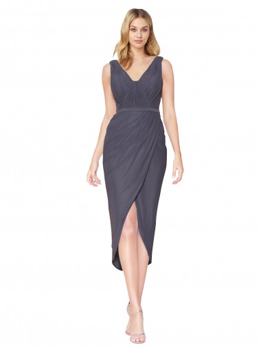 Affordable Sleeveless Slate Grey V-Back Mermaid V-Neck High Low Formal Dress Canada