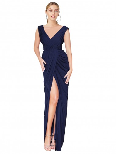 Affordable Sleeveless Dark Navy V-Back Mermaid V-Neck Formal Dress Canada