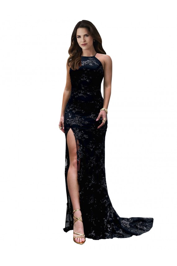 Sleeveless Black Open Back Mermaid High Neck Black Tie Formal Dress