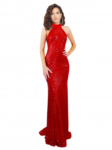 Affordable Sleeveless Red Open Back Mermaid Halter Neck Formal Gowns Canada