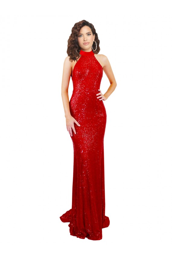 Sleeveless Red Open Back Mermaid Halter Neck Formal Gowns