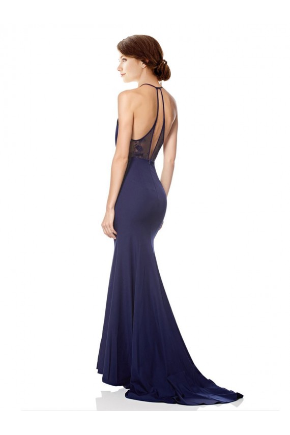 Sleeveless Navy Blue Mermaid Halter Neck Formal Dress