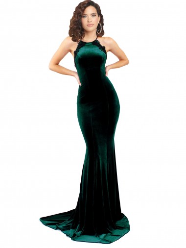 Affordable Sleeveless Dark Green Low Back Mermaid High Neck Formal Dress Canada