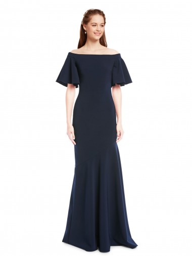 Affordable Short Sleeves Dark Navy Mermaid Off the Shoulder Formal Dress Canada