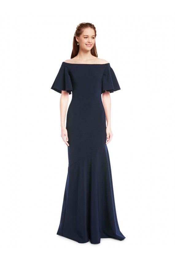 Short Sleeves Dark Navy Mermaid Off the Shoulder Formal Dress