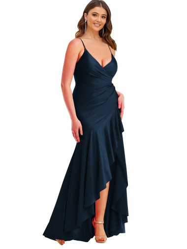 Affordable Sleeveless Dark Navy Mermaid Spaghetti Straps High Low Plus Size Formal Dress Canada