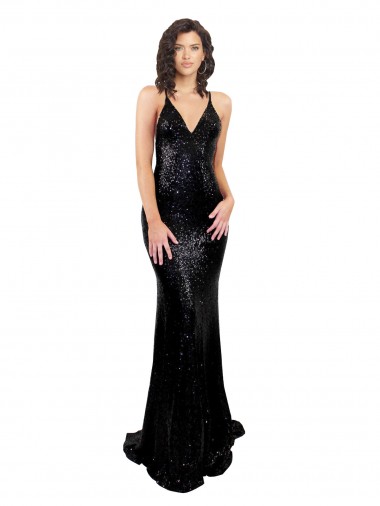 Affordable Sleeveless Black Criss Cross Open Back Mermaid V-Neck Black Tie Formal Dress Canada
