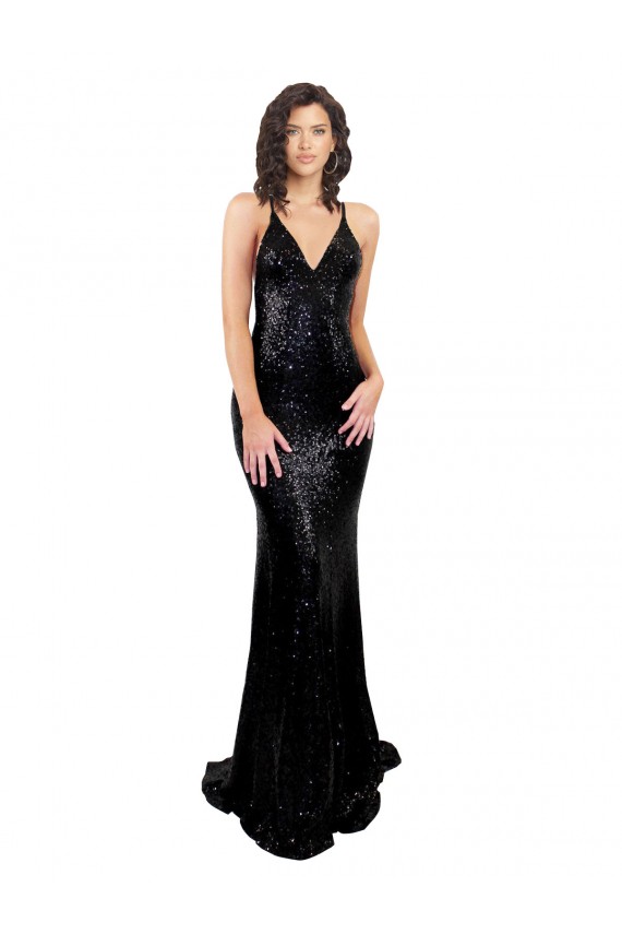 Sleeveless Black Criss Cross Open Back Mermaid V-Neck Black Tie Formal Dress