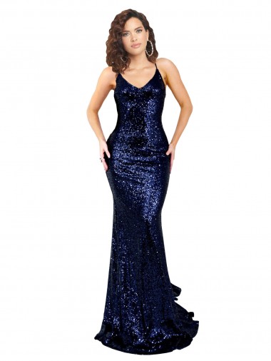 Affordable Sleeveless Dark Navy Low Back Mermaid V-Neck Formal Dress Canada