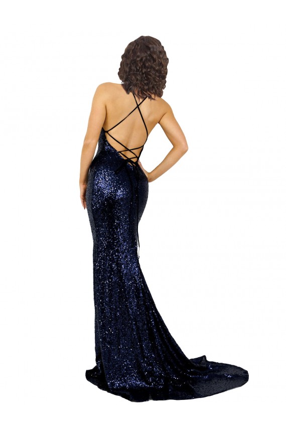 Sleeveless Dark Navy Low Back Mermaid V-Neck Formal Dress