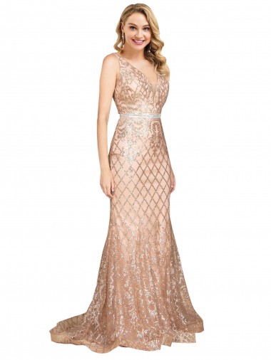 Affordable Sleeveless Rose Gold V-Back Mermaid V-Neck Formal Plus Size Formal Dress Canada
