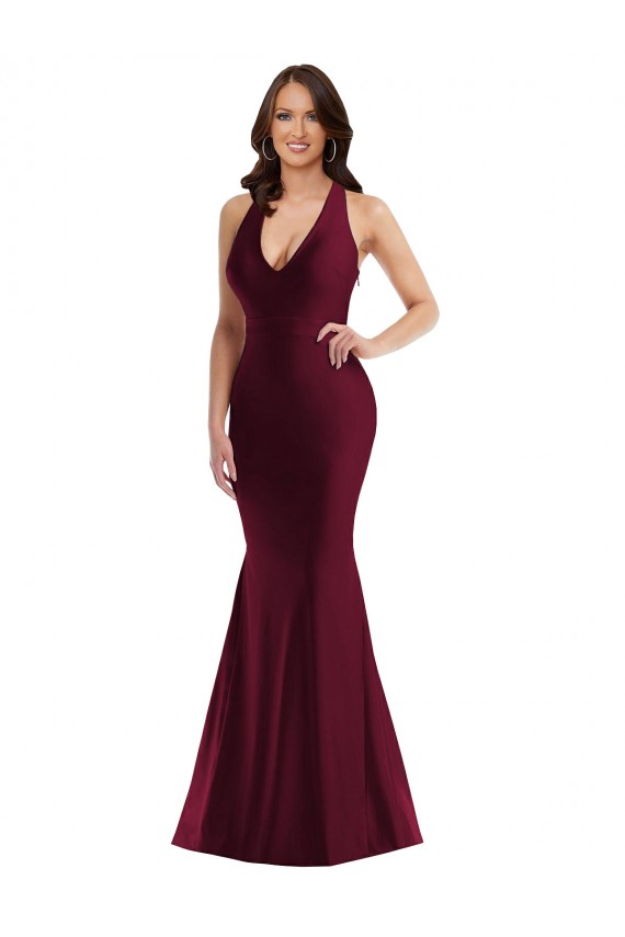 Sleeveless Burgundy Open Back Mermaid V-Neck Formal Plus Size Formal Dress