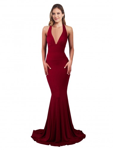 Affordable Sleeveless Burgundy Open Back Mermaid Halter Neck Formal Dress Canada