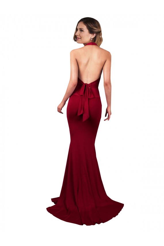 Sleeveless Burgundy Open Back Mermaid Halter Neck Formal Dress