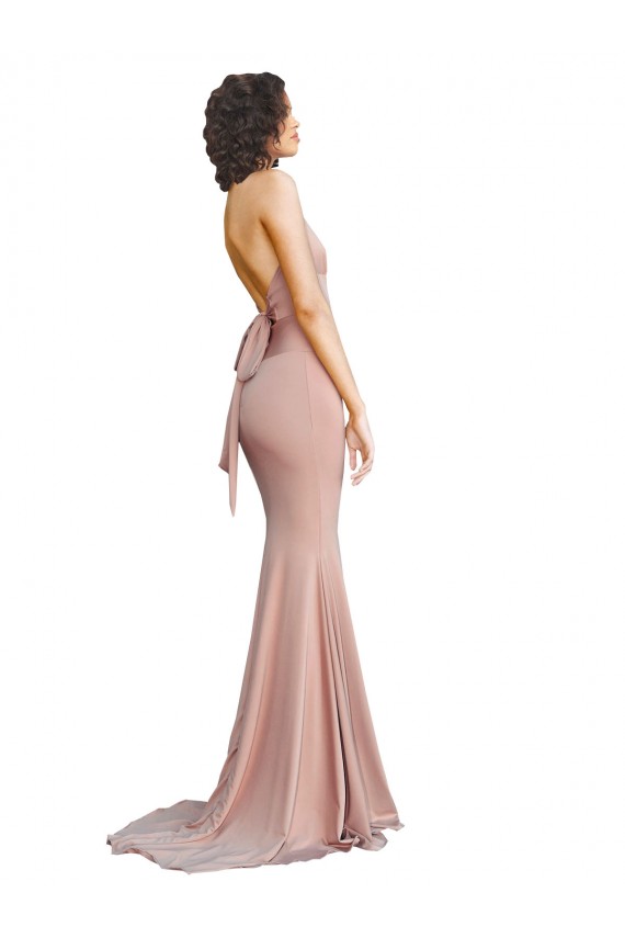 Sleeveless Dusty Pink Low Back Mermaid V-Neck Formal Dress