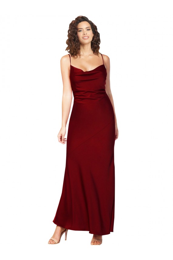 Sleeveless Burgundy Low Back Sheath Cowl Neck Black Tie Formal Dress