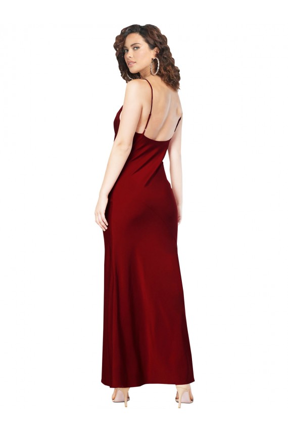 Sleeveless Burgundy Low Back Sheath Cowl Neck Black Tie Formal Dress