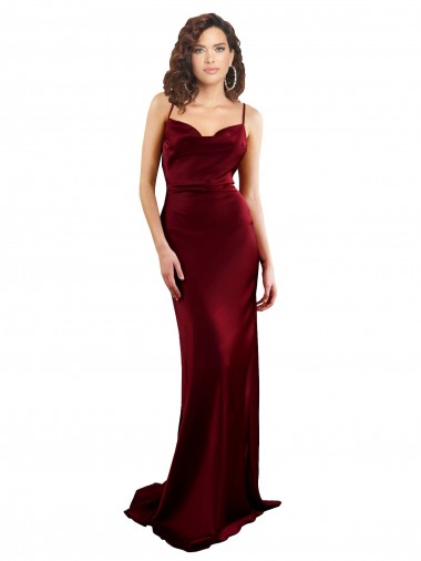 Affordable Sleeveless Burgundy Criss Cross Open Back Sheath Silky Satin Cowl Neck Formal Dress Canada
