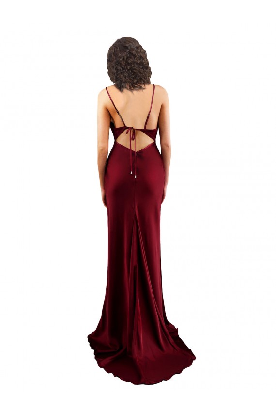 Sleeveless Burgundy Criss Cross Open Back Sheath Silky Satin Cowl Neck Formal Dress
