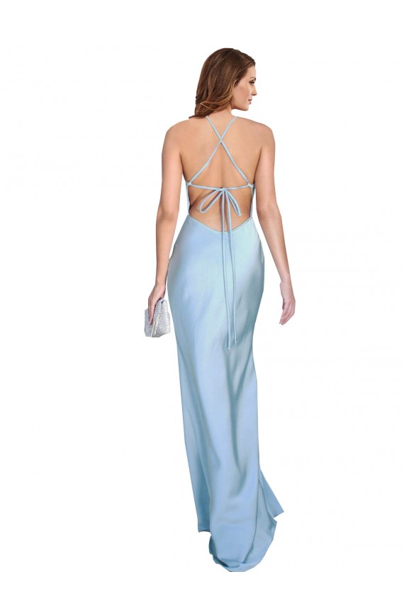 Sleeveless Light Sky Blue Criss Cross Open Back Sheath Cowl Neck Formal Dress