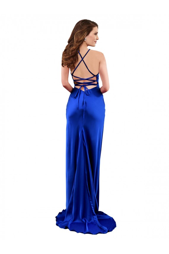 Sleeveless Royal Blue Criss Cross Open Back Sheath Cowl Neck Formal Dress