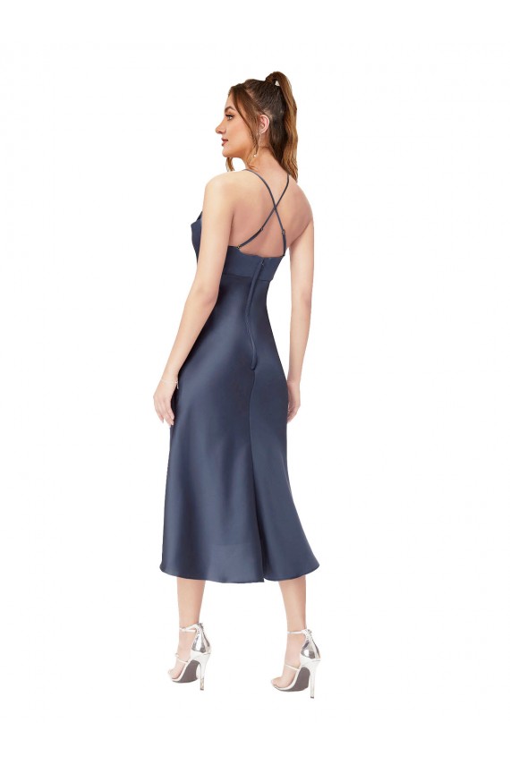 Sleeveless Black Criss Cross Back Sheath Cowl Neck High Low Formal Dress