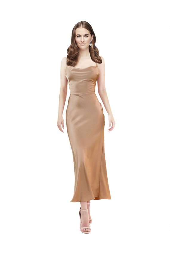 Sleeveless Rose Gold Low Back Sheath Cowl Neck Formal Dress
