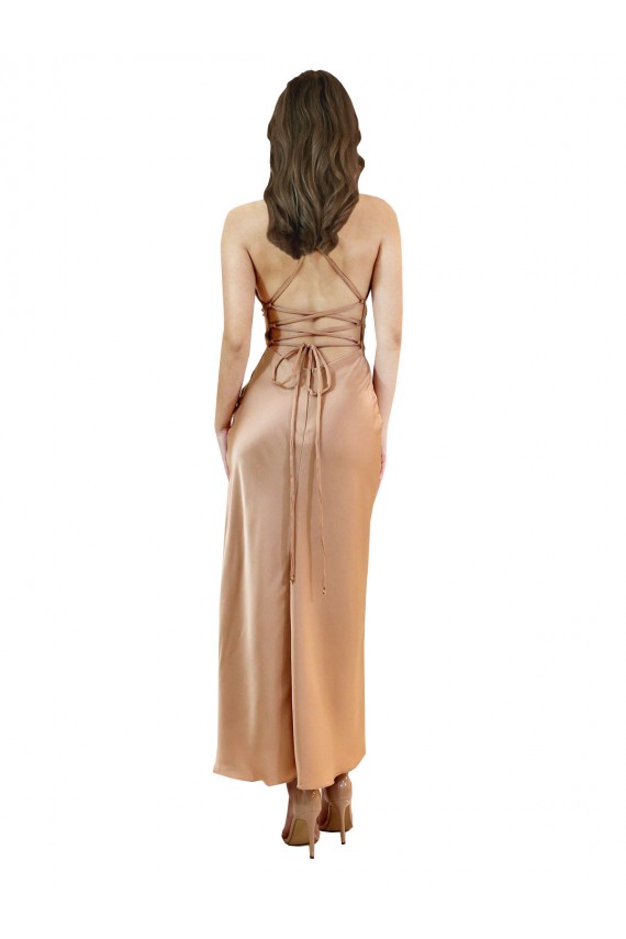 Sleeveless Rose Gold Low Back Sheath Cowl Neck Formal Dress