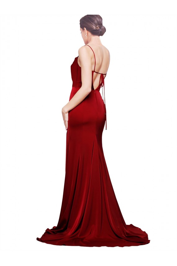 Sleeveless Burgundy Criss Cross Back Sheath Spaghetti Straps Black Tie Formal Dress