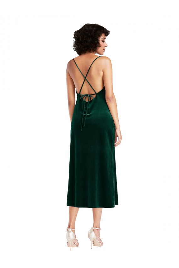 Sleeveless Dark Green Criss Cross Open Back Sheath Cowl Neck Black Tie Formal Dress