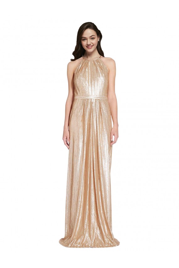Sleeveless Gold Sheath Halter Neck Formal Dress