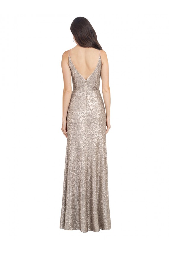 Sleeveless Silver V-Back Sheath V-Neck Formal Dress