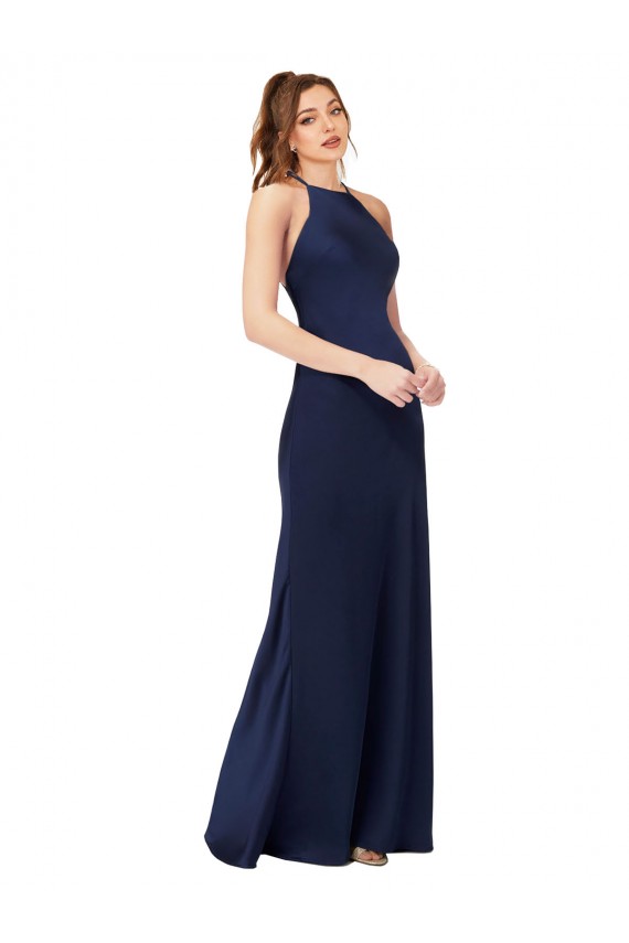 Sleeveless Sapphire Criss Cross Back Sheath High Neck Formal Dress