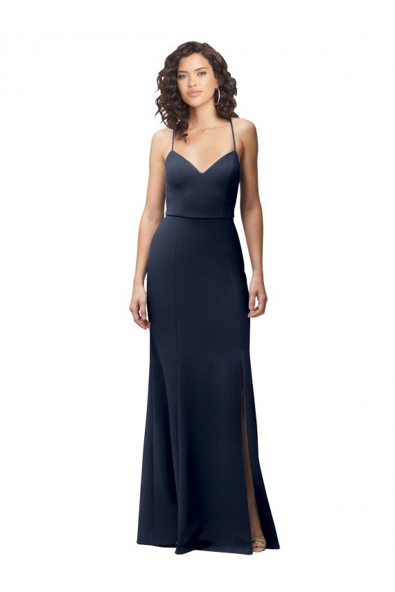 Sleeveless Dark Navy Criss Cross Back Sheath Spaghetti Straps Formal Dress