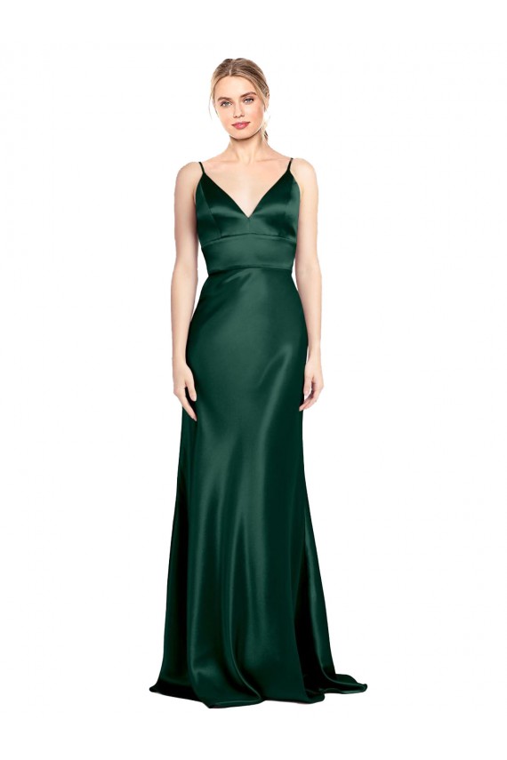 Sleeveless Hunter V-Back Sheath Spaghetti Straps Formal Dress
