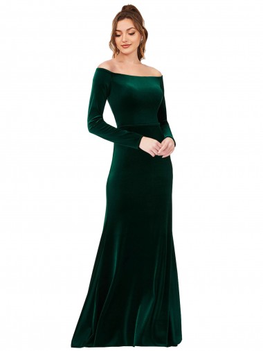 Affordable Long Sleeves Dark Green Sheath Off the Shoulder Formal Dress Canada