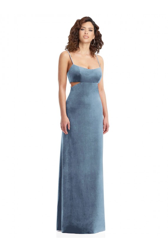 Sleeveless Dusty Blue Low Back Sheath Square Neck Formal Dress